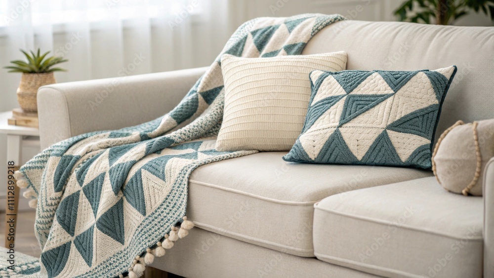 Fototapete a serene interior space showcasing a neutraltoned couch paired with a striking geometric blanket and