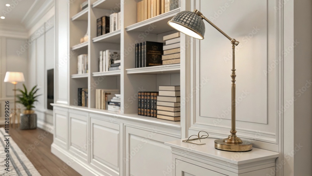Aufkleber An elegant library interior featuring clean white builtin shelving containing one organized stack of books and a stylish reading lamp positioned nearby for cozy light.