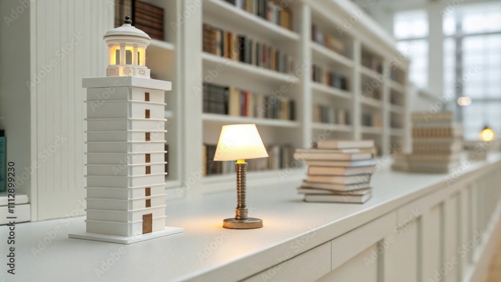 Aufkleber A contemporary library environment characterized by pristine white shelves a solitary tower of books and a small lamp providing a warm glow for reading.