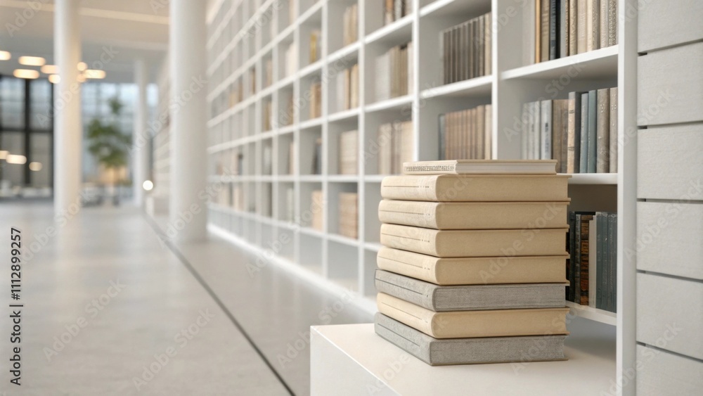 Poster The interior of a modern library showcases minimalist white shelving adorned with a single stack of beige and gray books subtly illuminated by soft diffused lighting.
