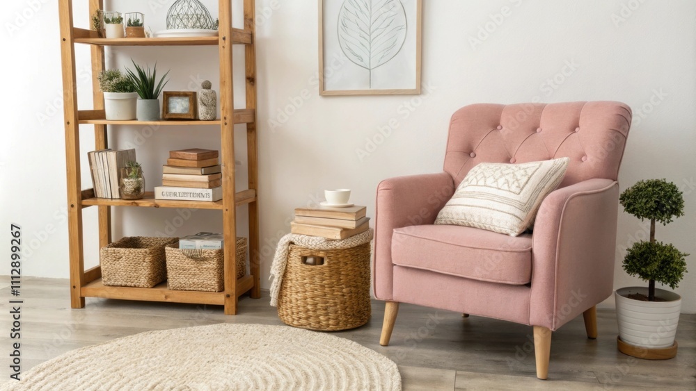 Poster a beautifully designed area that includes sy wooden shelves stacked with personal treasures a comfor