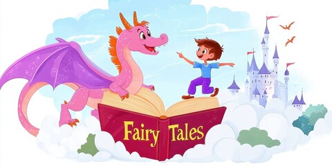 Obraz premium Magical purple dragon emerges from open fairy tale book while smiling child stands watching. Pink castle floats in cloudy sky background. Children enchanting story or legend reading experience.