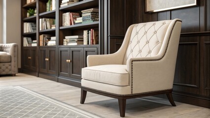 An elegantly designed room features a single upholstered armchair complemented by dark wooden shelves showcasing an organized collection of books that enhances the overall