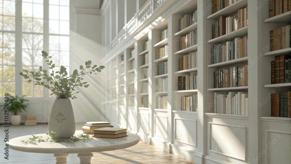 Poster Sunlight streams into a bright library where sleek white shelves display an array of books complemented by delicate green foliage and a small elegant vase on a reading