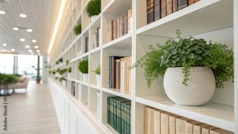Poster An airy library setting characterized by minimalist white shelves lined with literature enhanced by soft green plants and a quietly positioned decorative vase that creates a