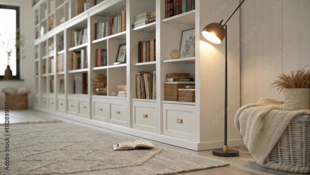 Poster A serene reading area with immaculate white shelving showcasing books and decorative items paired with a focused reading light and featuring a soft wool rug that invites