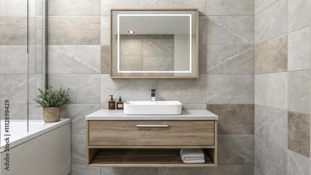 Poster A chic bathroom environment characterized by a functional floating vanity an unobtrusive frameless mirror and a backdrop of smooth gray tiles that unify the space with