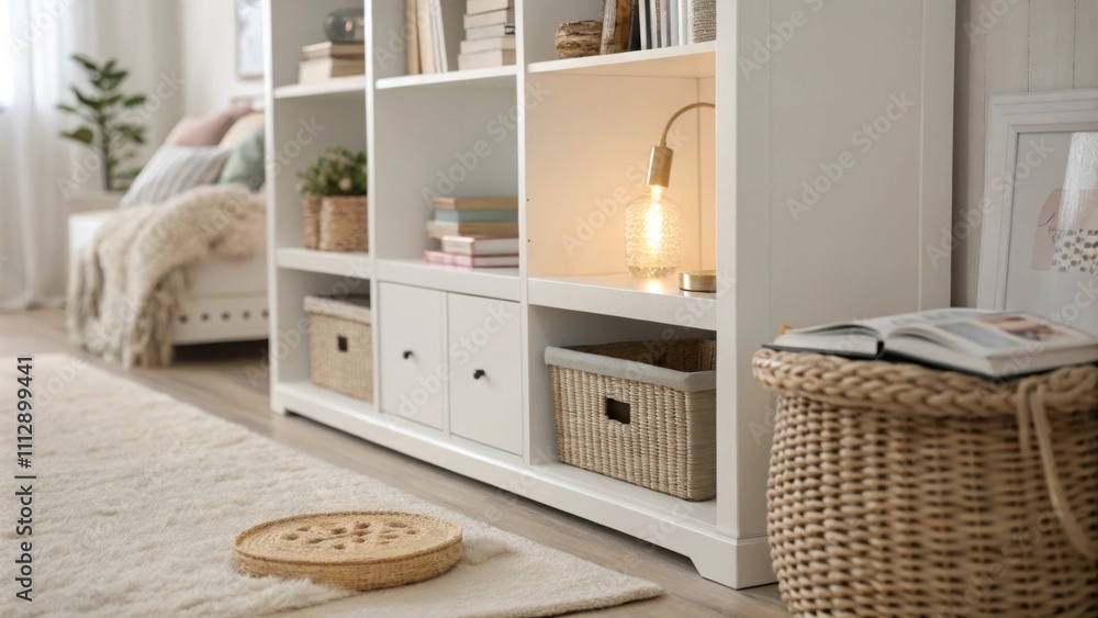 Poster a contemporary room design with pristine white shelving displaying various titles a singular elegant