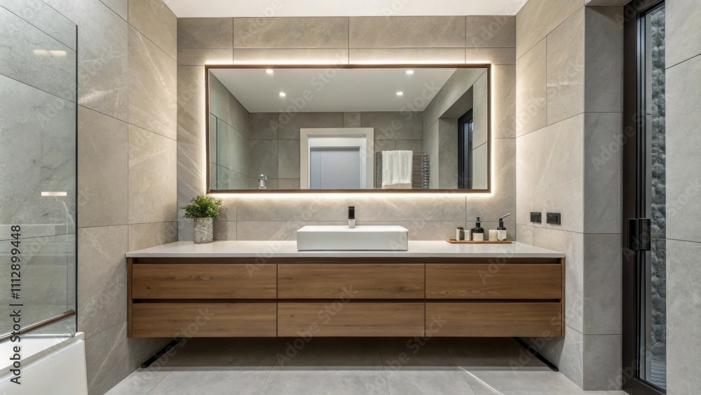 Poster a sophisticated minimalist space includes a streamlined floating vanity an expansive frameless mirro