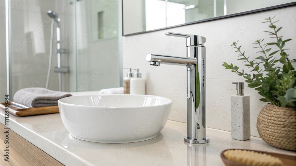 Poster inside a minimalist bathroom a sleek faucet sits atop a smooth countertop next to an elegant glass s