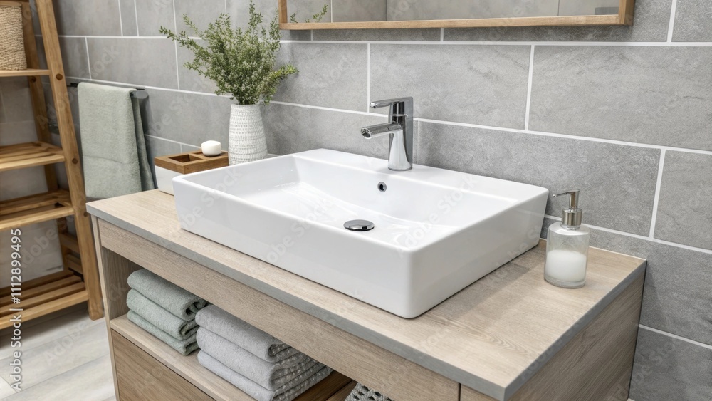 Aufkleber a contemporary bathroom interior highlighting a smooth rectangular sink with a backdrop of gentle gr