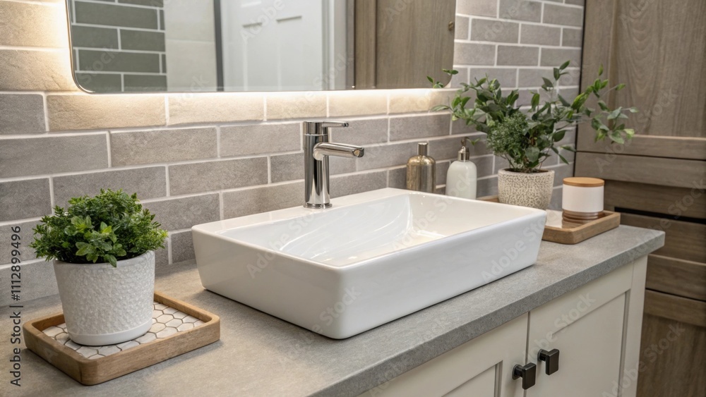 Aufkleber The bathroom interweaves functionality and style featuring a polished rectangular sink and a calming gray backsplash that underscores the rooms uncluttered elegance.