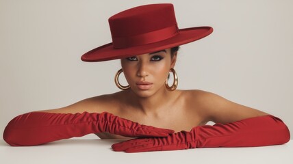 Woman wearing a red hat and red gloves