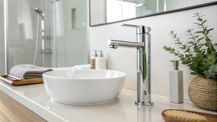 Inside a minimalist bathroom a sleek faucet sits atop a smooth countertop next to an elegant glass shower creating a seamless design flow.
