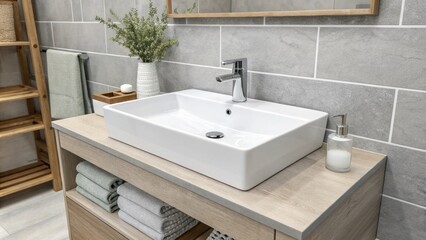 Fototapeta premium A contemporary bathroom interior highlighting a smooth rectangular sink with a backdrop of gentle gray tiles that create a serene and neat appearance.