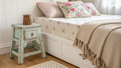 The room showcases a charming distressed wooden stool resting beside a bed complemented by a delicately patterned floral pillow and a simple beige blanket covering the