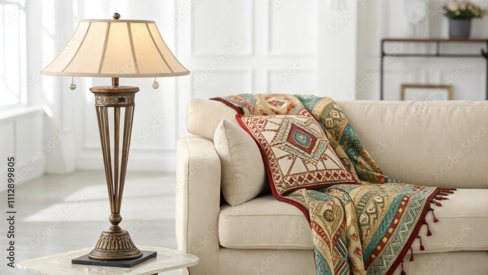 Poster A minimalist interior presents a lightcolored couch with a vibrant patterned throw paired with an elegant table lamp that boasts art deco elements creating a harmonious