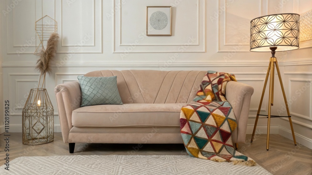 Poster A tastefully arranged space includes a soft taupe sofa featuring a vivid geometric throw for contrast highlighted by a decorative lamp with an art deco flair illuminating