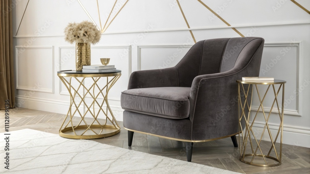 Poster A refined minimalist living room where a sumptuous velvet armchair contrasts beautifully with a sleek gold side table while angular geometric decor adds visual interest to