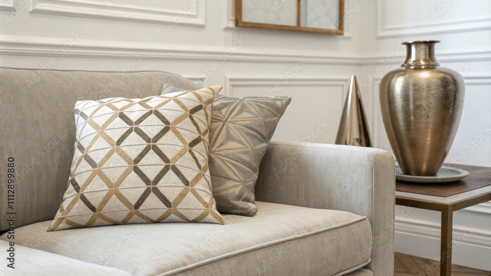 Poster The room is characterized by a cozy muted couch with a distinctive geometric throw pillow and a polished metallic vase on display creating a harmonious blend of comfort and