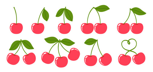 Cherry. Cartoon red cherries. Cute ripe berry with green leaves in different sides. Summer fruit. Spring seasonal natural food decor. Garden berries. Vector set