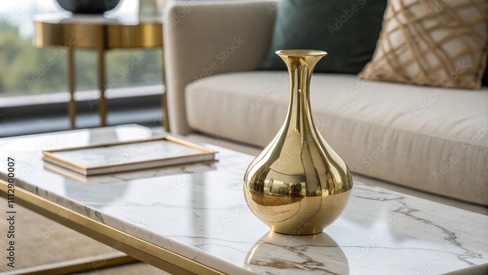 Poster A delicate gold vase subtly reflective and elegantly shaped rests on the coffee table adding a touch of sophistication to the arrangement.