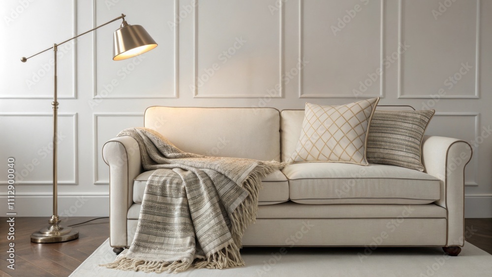 Poster the cozy setting showcases a stylish sofa with crisp lines paired with a soft patterned throw that a