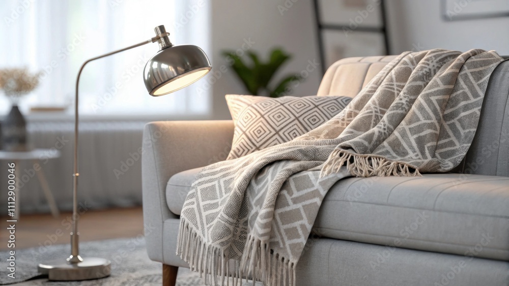 Poster the inviting atmosphere features a sleek modern sofa a softly patterned throw adding a layer of cozi