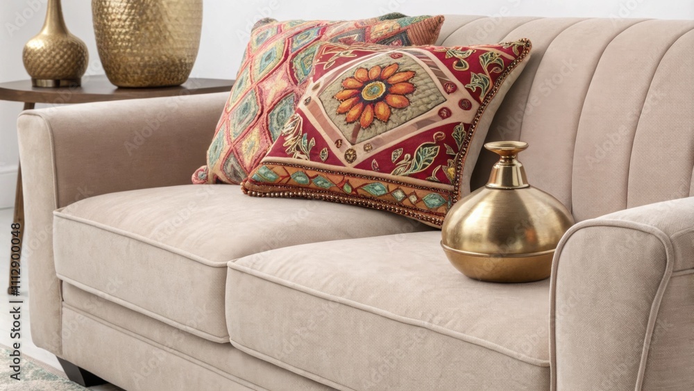 Poster an inviting interior decor arrangement showcasing a soft taupe sofa highlighted by a vibrant pattern