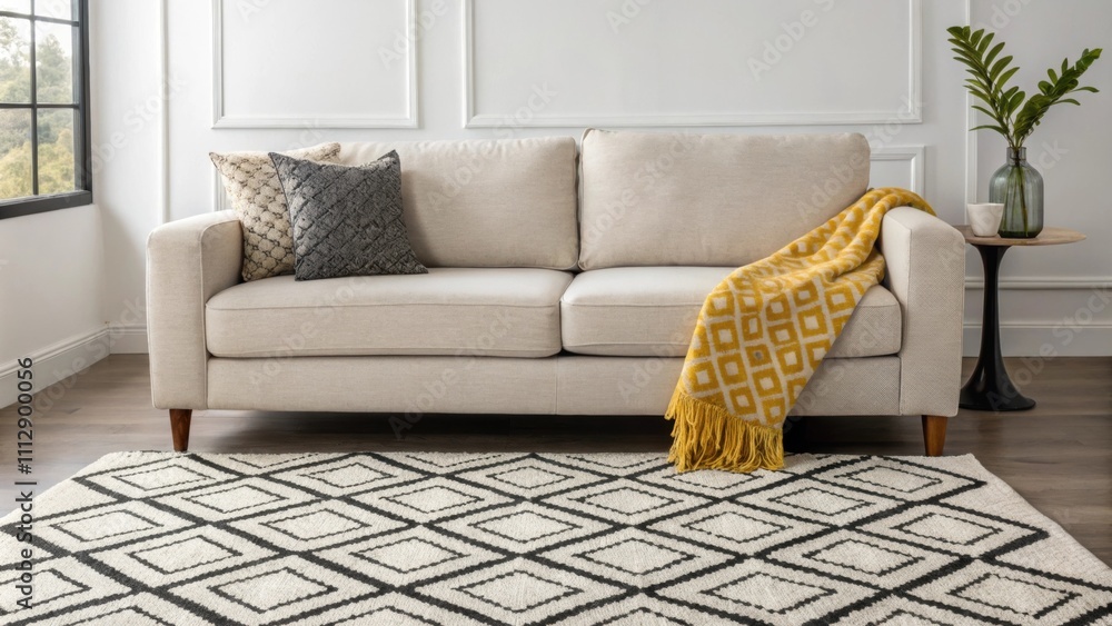 Poster an elegant living space with a minimalist design highlighted by a monochrome rug and a contemporary 