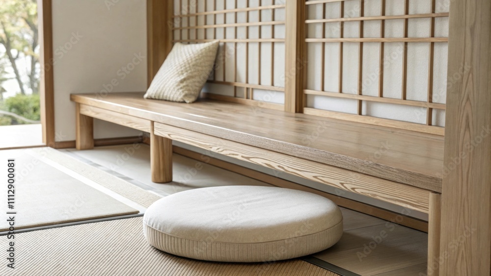 Poster an airy minimalist interior showcasing a sleek natural wood bench with clean lines complemented by a