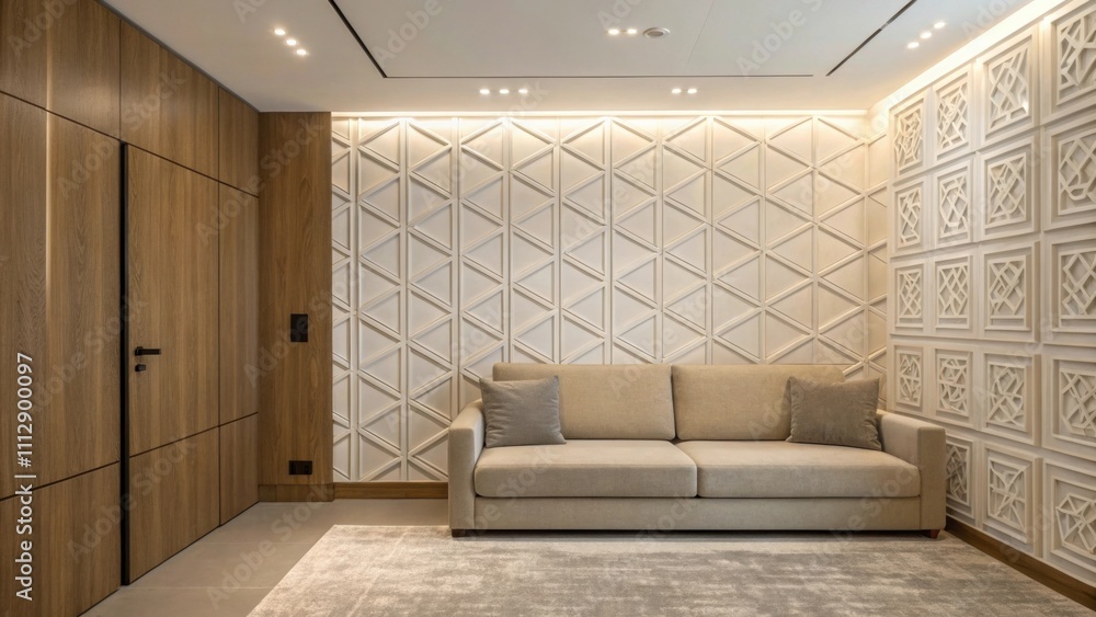 Poster A contemporary space characterized by a stark geometric pattern on one wall accompanied by a simple sofa in muted tones and enhanced by warm subtle lighting that adds