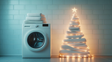 Washing machine topped with a creative stack of folded white laundry shaped like a Christmas tree, illuminated with soft festive lights inside of the bathroom
