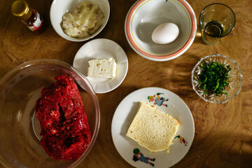 Ingredients for traditional Albanian dish Qofte