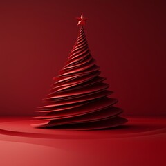 Modern Festive Background Showcasing Sculptural Red Christmas Tree Made From Flowing Ribbon Shapes and Snow