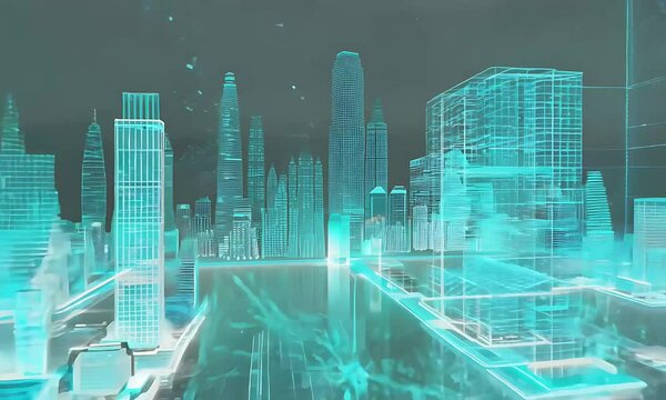 Abstract Cityscape Animation: Futuristic, Neon, Wireframe