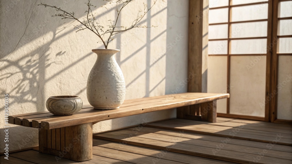 Poster a serene meditation nook bathed in soft light highlighted by a simple wooden bench and an isolated c