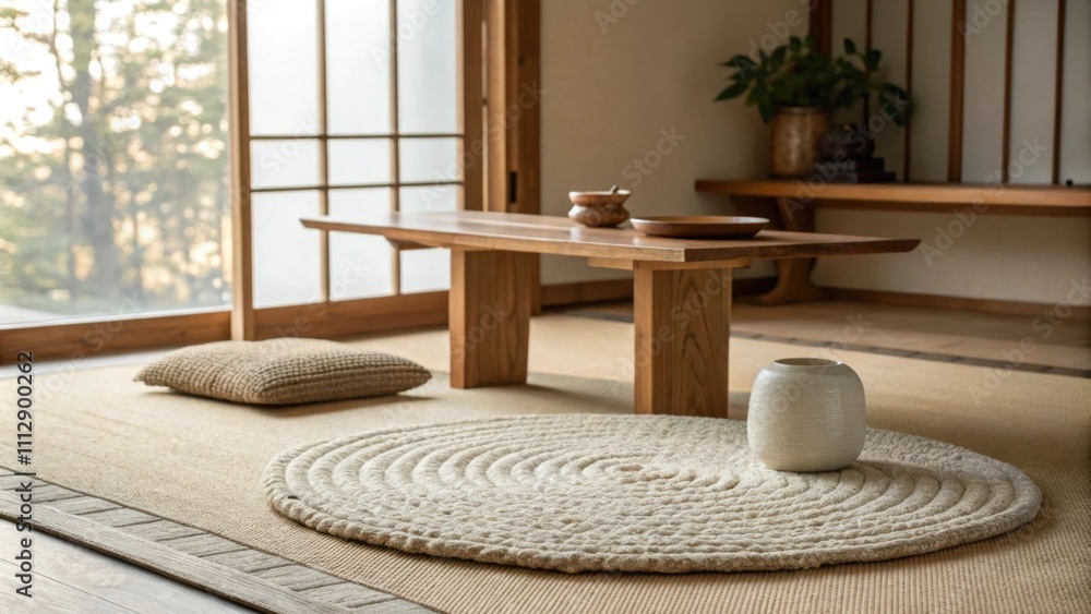 Poster A peaceful area designed for meditation with a soft neutraltoned woven rug and a smooth low wooden table all bathed in soft diffused natural light that creates a calm