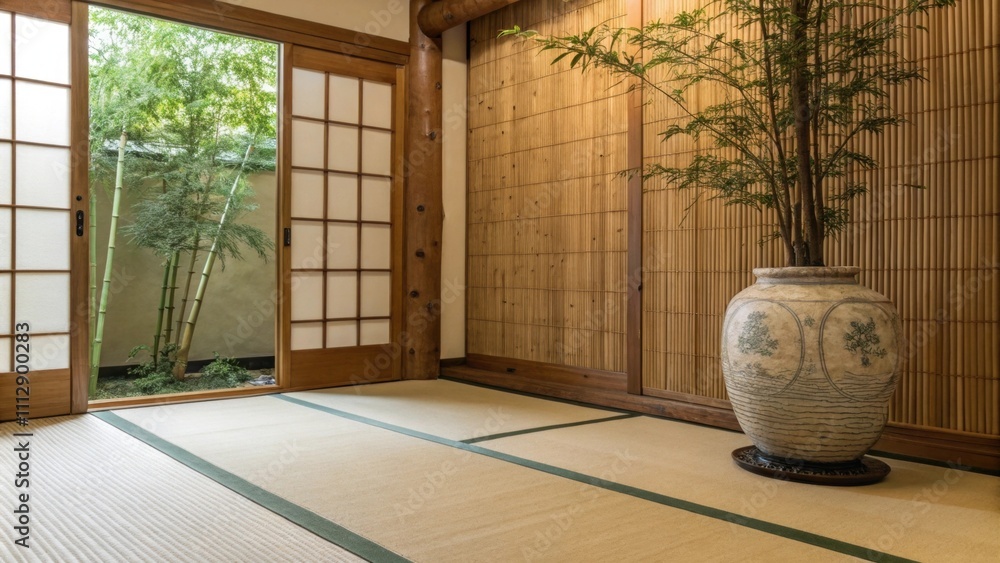 Poster an inviting space is adorned with a clean tatami mat paired with a lush bamboo accent wall and a cer