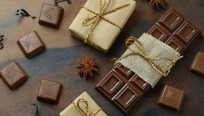 옛날 복고풍 포장지로 감싸인 초콜릿 바와 주변 소품들