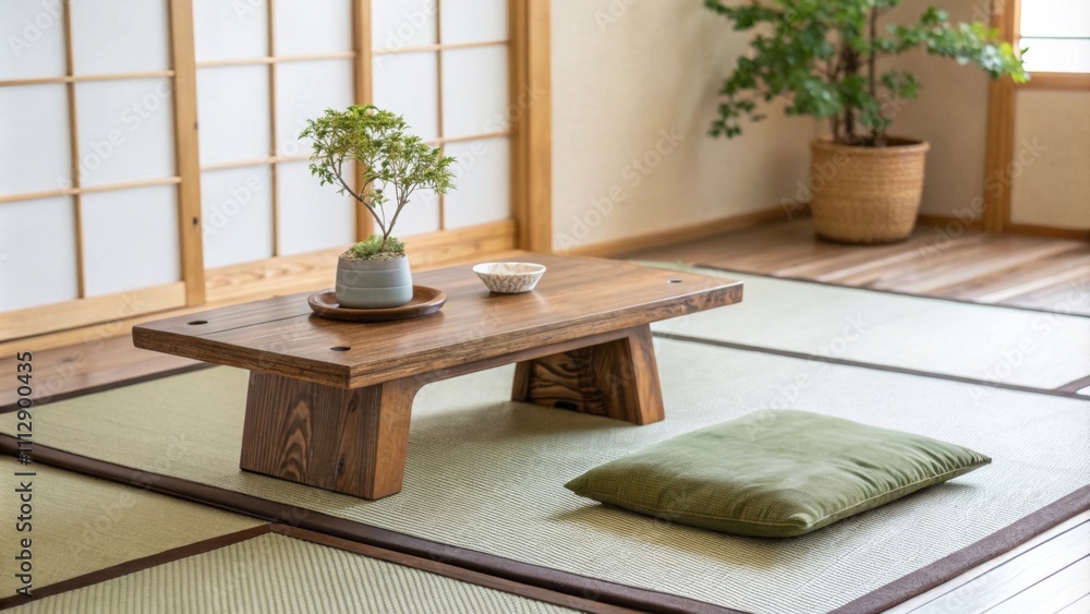 Poster The calming environment includes a low wooden table at the center atop a muted mat with a charming little indoor plant positioned gracefully beside it.