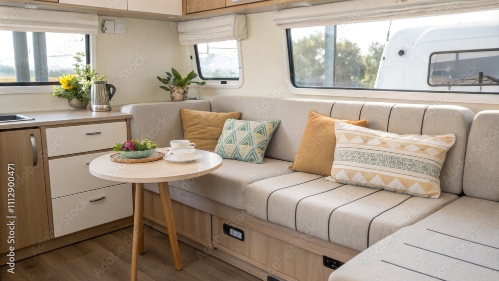 Poster A contemporary setting highlighting a versatile modular sofa designed for both relaxation and style with a small nesting table that seamlessly fits into the arrangement all