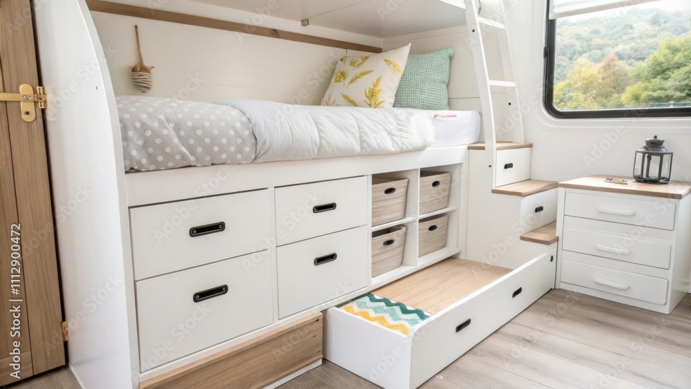 Poster a contemporary studio space with a raised sleeping area incorporating cleverly designed storage draw