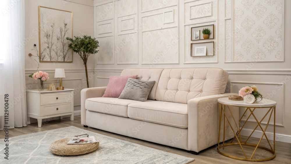 Poster A contemporary studio designed for functionality featuring a comfortable pullout sofa in pale fabric a chic nesting table that complements the decor and walls adorned with