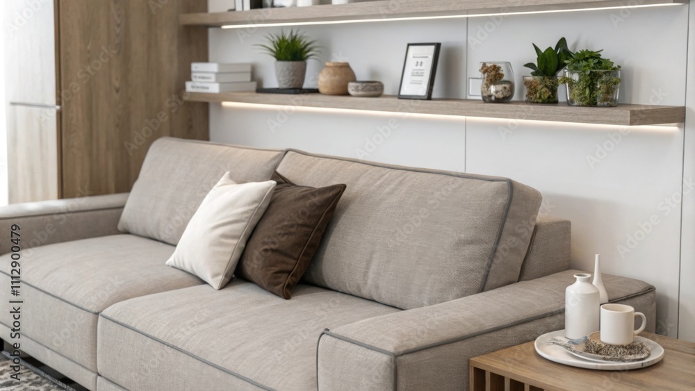 Poster The minimalist apartment showcases a cozy foldout sofa in a muted shade positioned near a contemporary floating shelf that holds minimalist decor