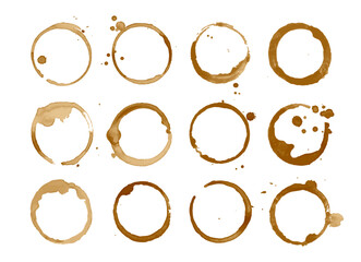 Coffee stain. Black coffee rings on surface. Brown tea spots spilling from cup. Grunge circle stamps. Decorative drink drops and stains. Liquid stain frame. Vector set