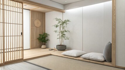 An uncluttered Zen corner showcasing immaculate white walls a soft muted floor cushion for seating and a stylish bamboo partition that elegantly divides the area.