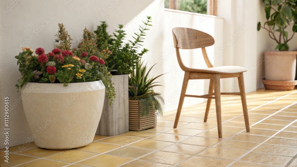 Poster a tranquil area with a bright warm tiled floor accentuated by a smooth ceramic planter housing vibra