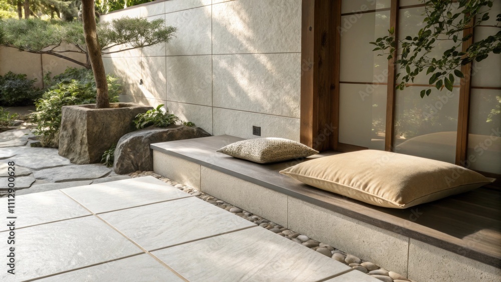 Poster a peaceful outdoor setting with sleek ceramic tiles a simple tan cushion p strategically on a stone 