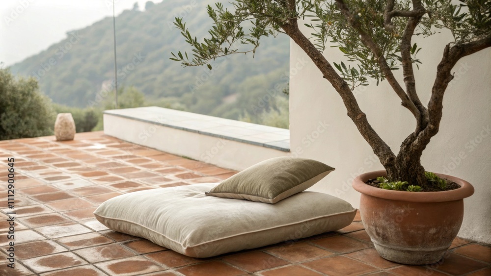 Poster A serene patio showcasing earthy terracotta tiles a simple neutral cushion for relaxation and the beauty of a lone olive tree contributing to the spaces charm.